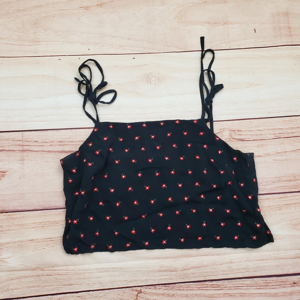 J Galt Crop Top Womens Small Black Red Floral Strap Tank Summer‎ Brandy Melville